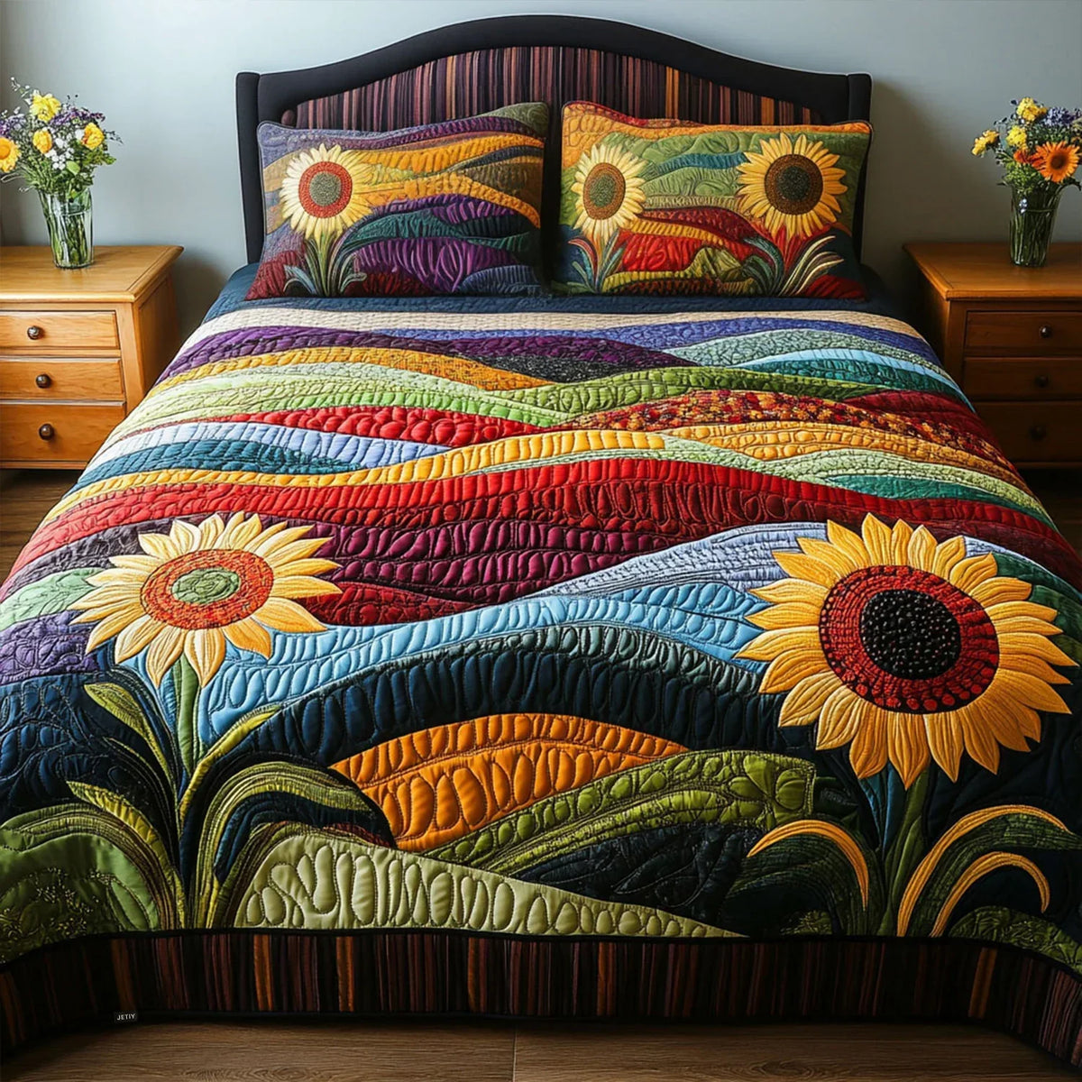 Conjunto de ropa de cama acolchada de 3 piezas — Sueños de Girasoles en el Campo