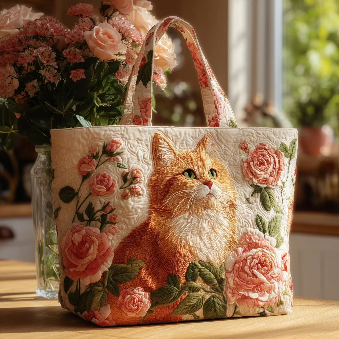 Handgemaakt Tas - Rode Kat met Rozen