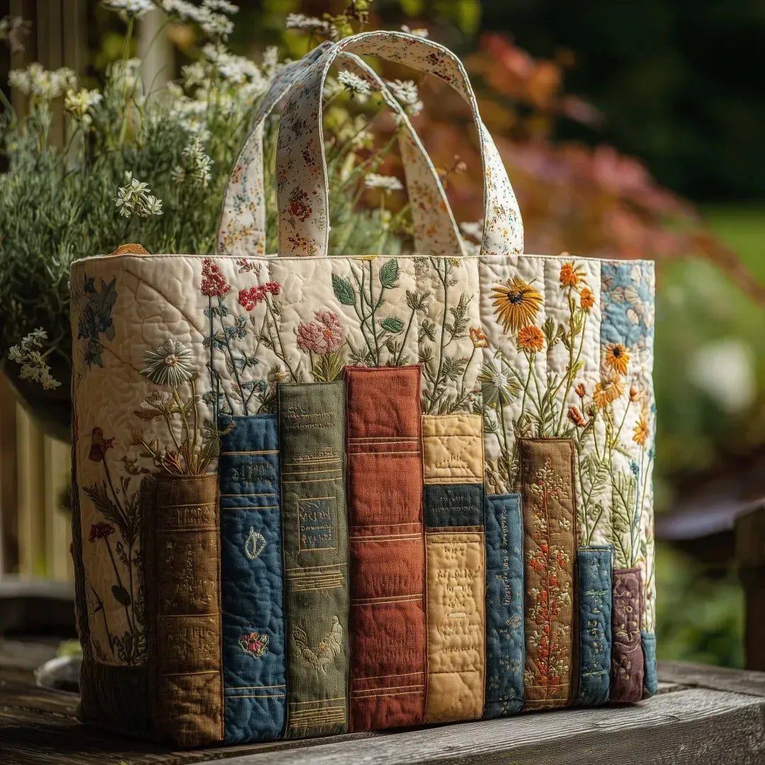 Handgemaakte Gequiltte Tas - Boeken en Bloemen