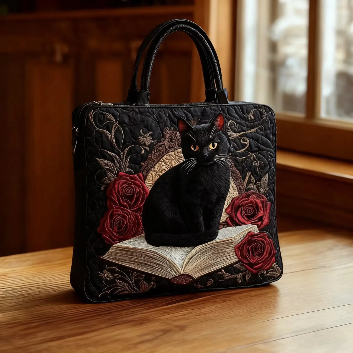 Handgemaakte Gequiltte Tas - Zwarte Kat op Boeken