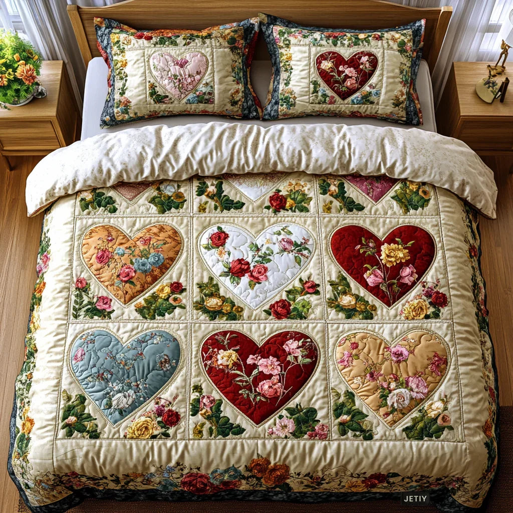 Conjunto de ropa de cama acolchada de 3 piezas - Corazones Enamorados — imagen 1