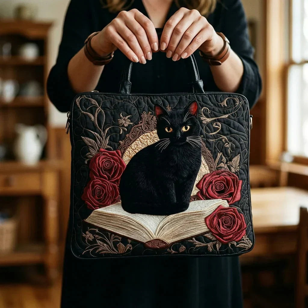 Handgemaakte Gequiltte Tas - Zwarte Kat op Boeken