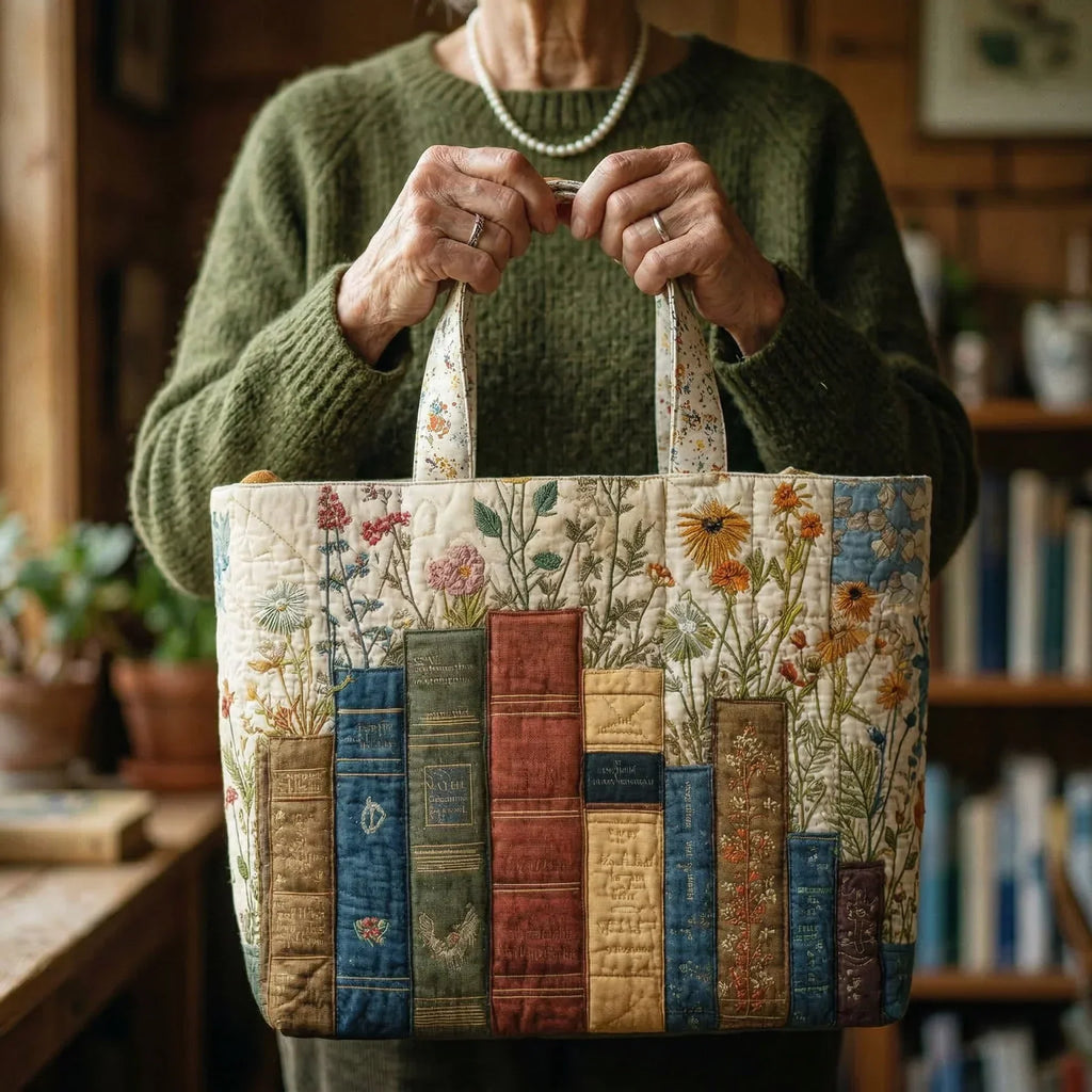 Handgemaakte Gequiltte Tas - Boeken en Bloemen