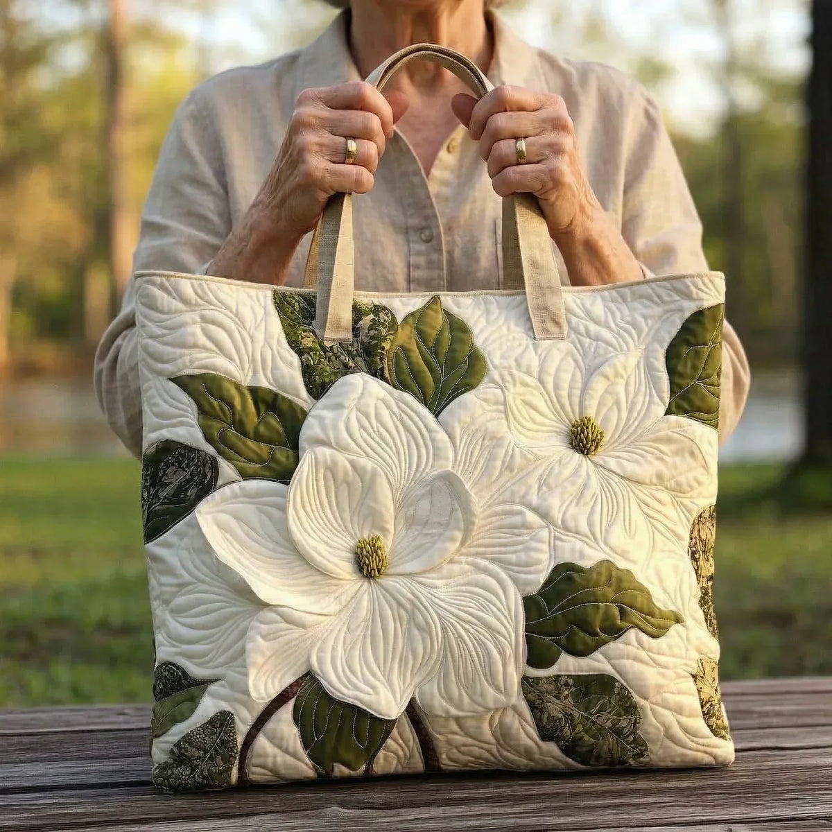 Handgemaakte Matelassé Tas - Elegante Witte Lelies