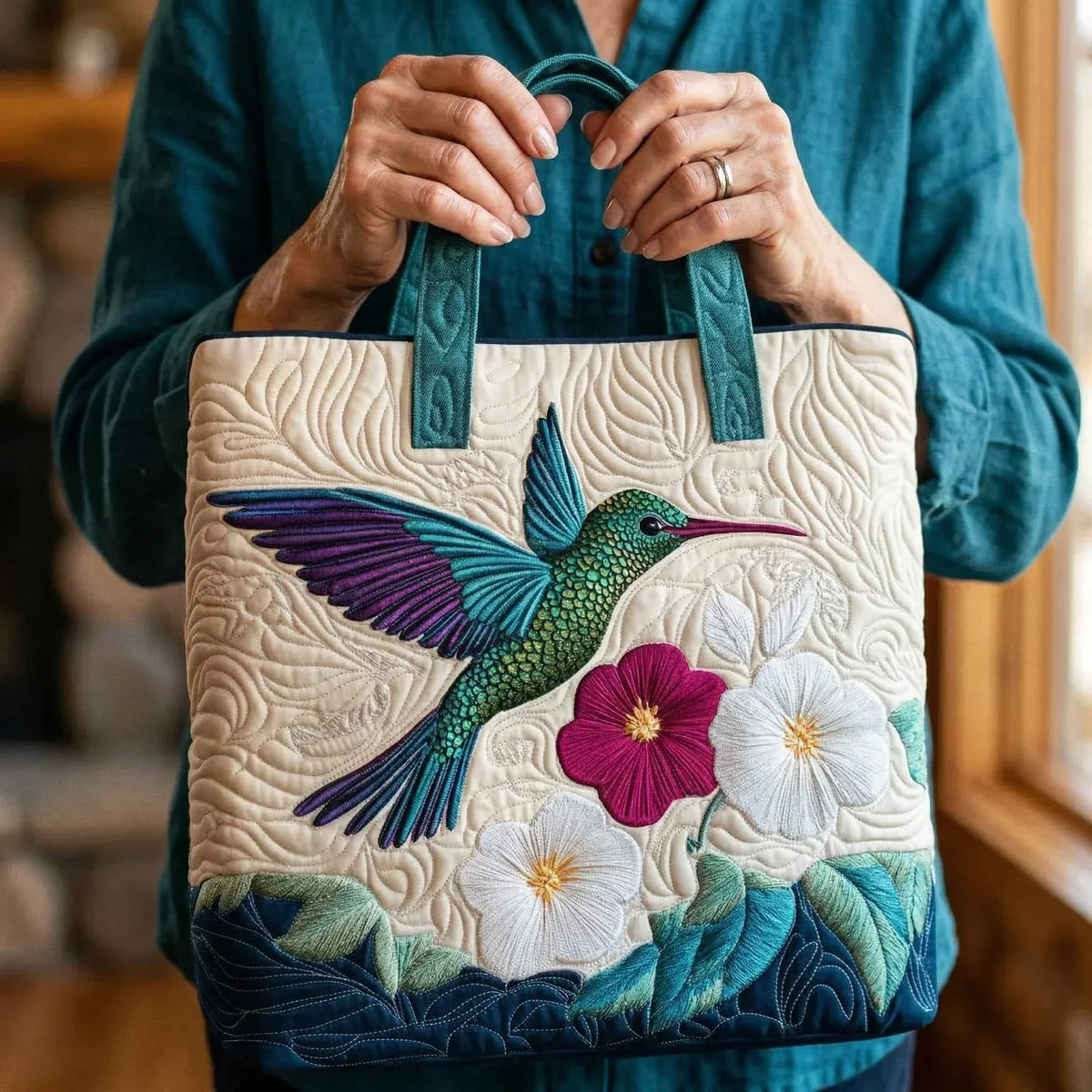 Gequilted Tas - Kolibrie en Witte Bloem