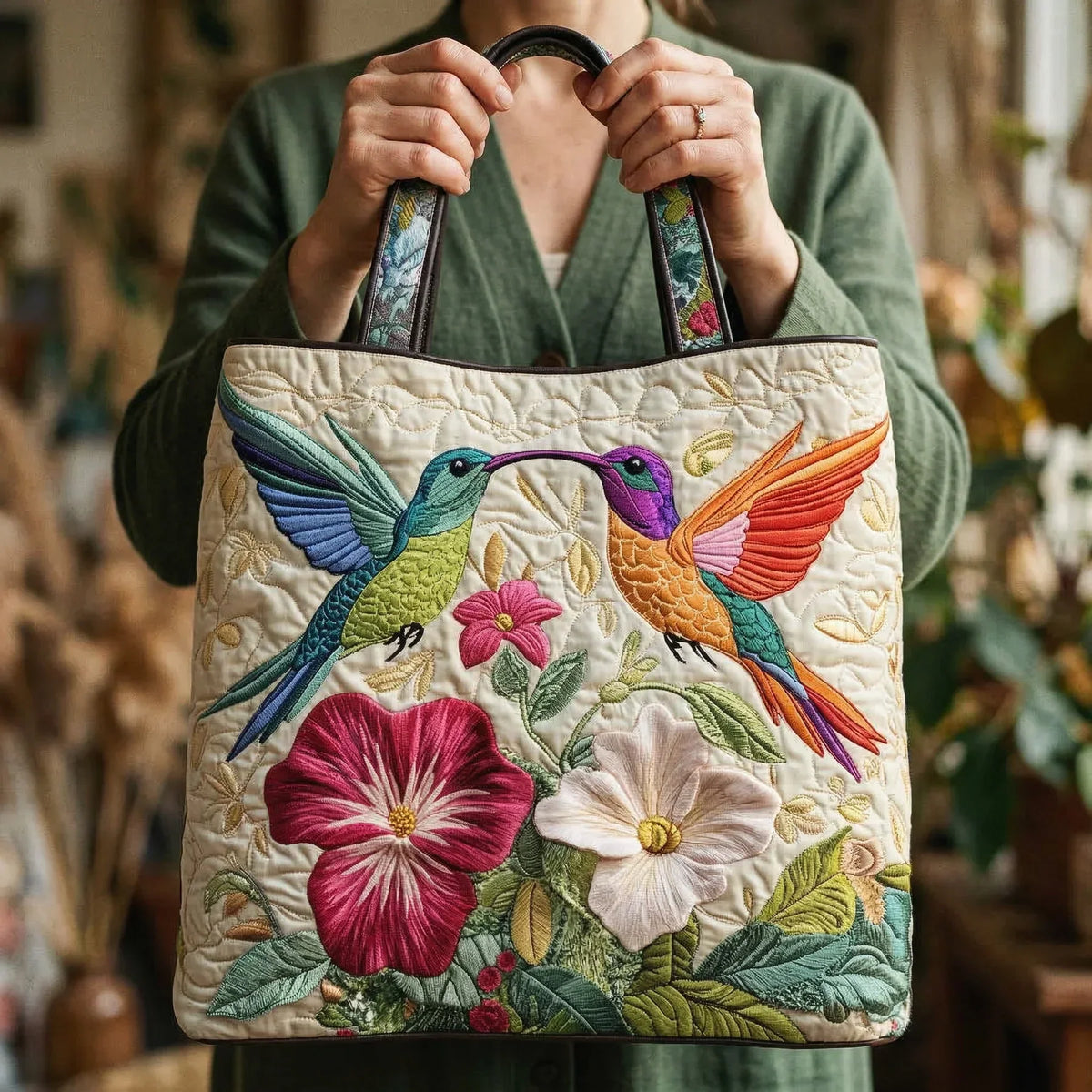 Gevoerde Tas - Kolibrie en Witte Bloemen